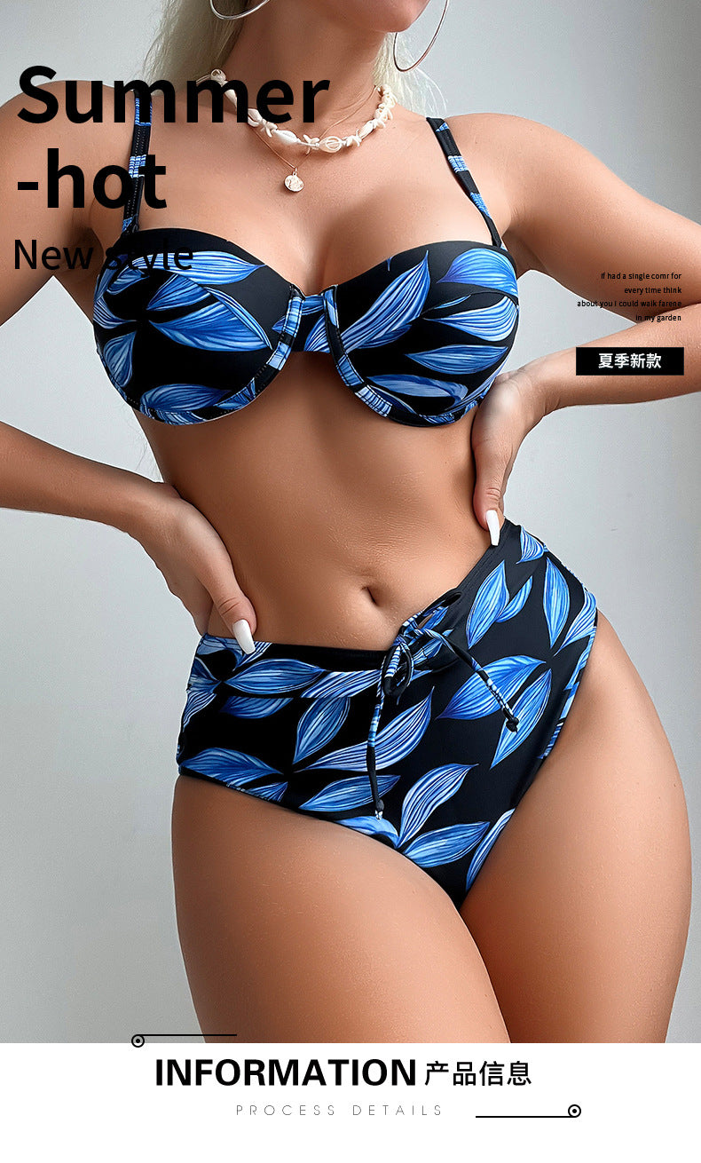 Wholesale Split High Waist Printed Solid Color Patchwork Swimsuit